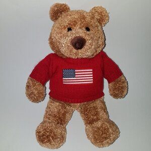 SAKS Fifth Avenue Brown Teddy Bear 12" Plush Patriotic Red American Flag Sweater